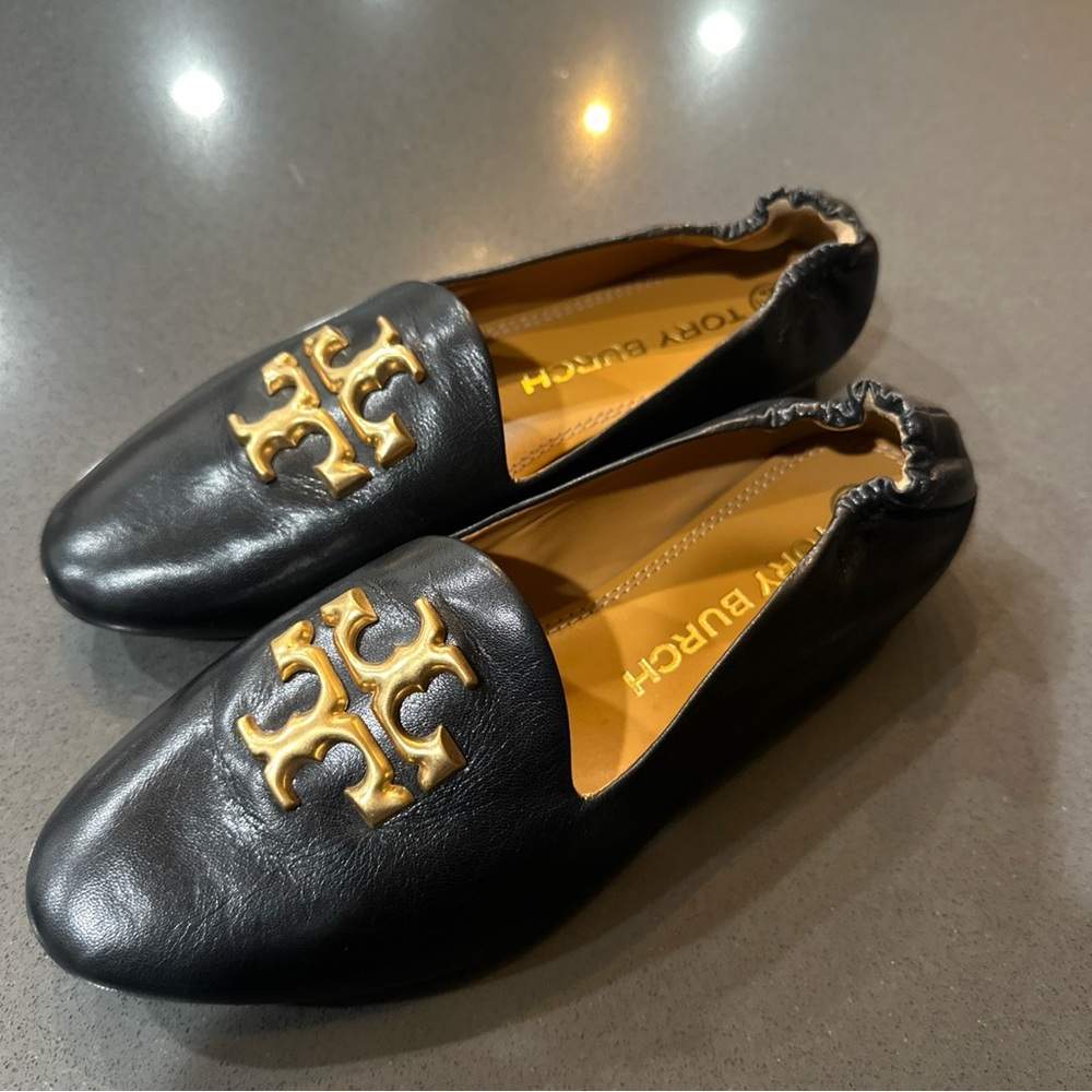 Tory Burch Reva Black Leather Ballet Flats Gold Logo Size 7 C